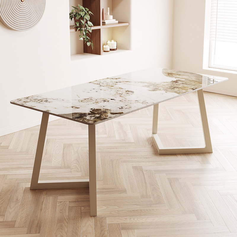 Light extravagant rock plate dining table and chairs combined modern minimalist home small family dining table cream wind rectangular pole minimalist table-Taobao
