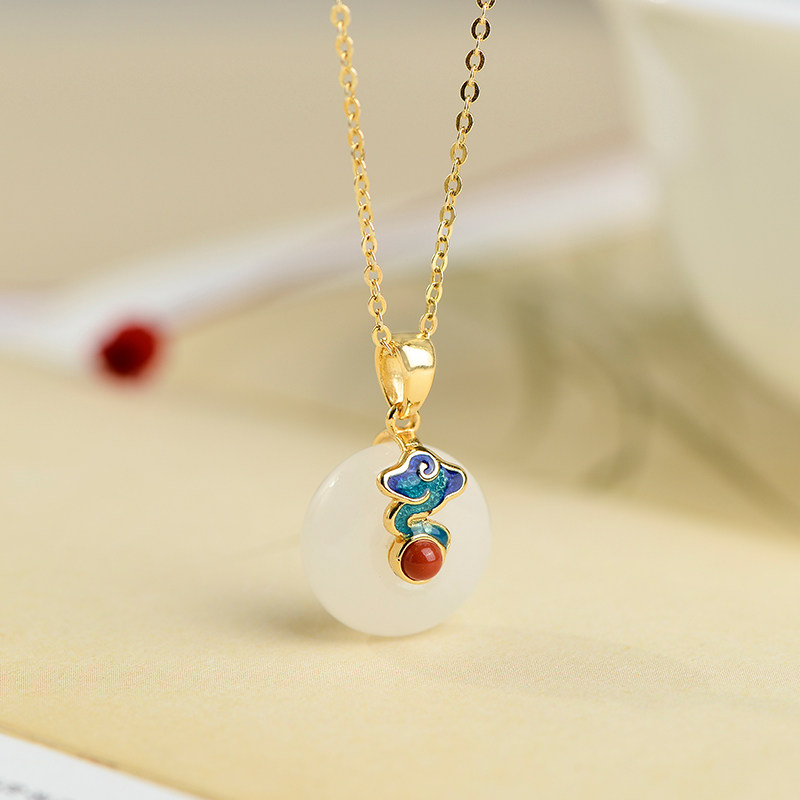 Xiangyun Hetian jade pendant 925 sterling silver necklace safe buckle female niche light luxury design retro national style jewelry