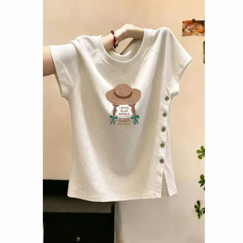 Stylish Button-Slit Summer Short-Sleeve T-Shirt for Women, Age-Reducing, Versatile, Slim-Fitting, Flattering Round-Neck Top ins
