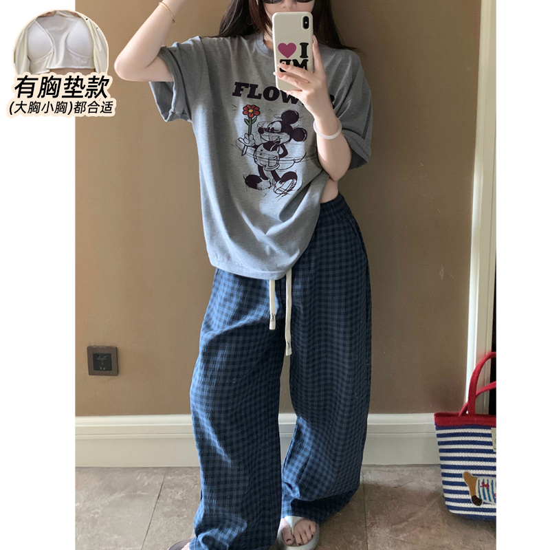 Cartoon Mickey Pajamas for Women with Chest Pads, Summer Pure Cotton Short-Sleeved Long Pants, Can Be Worn Outside, 2026 New Thin Style Home Wear