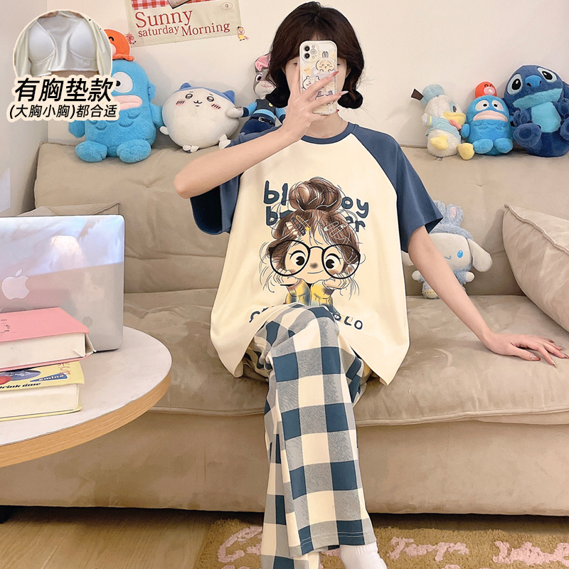 Short-Sleeved Long-Pants Pajamas for Women, Summer Pure Cotton with Chest Pads, 2026 New Style, Cute Cartoon Girl Home Wear, Internet Celebrity Style