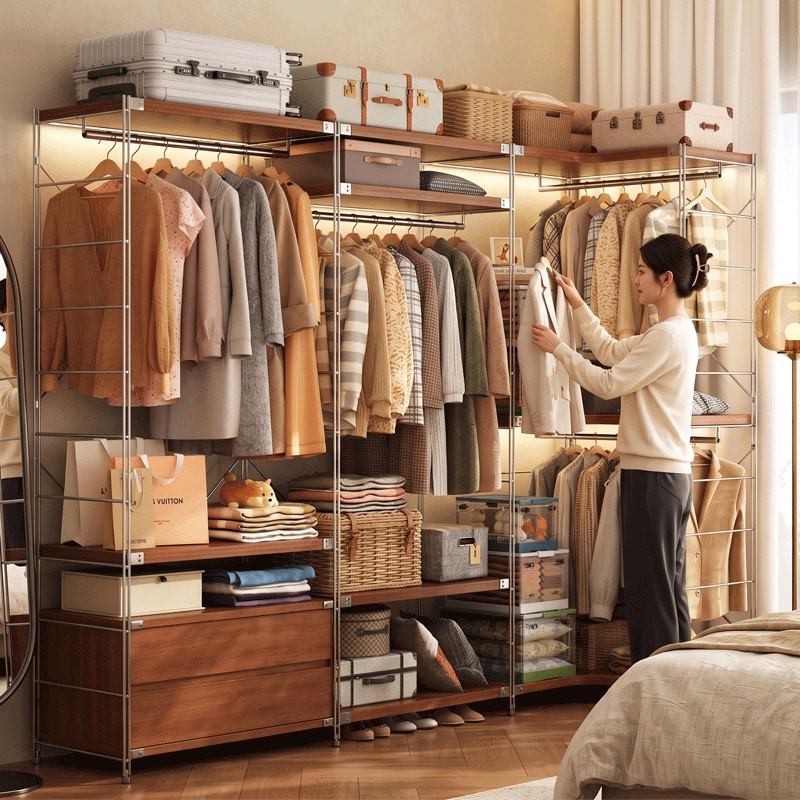 Open-Style Clothes Rack, Easy-To-Assemble Coat Rack, L-Shaped Corner Shelf, Wardrobe, Household Floor-Standing Metal Storage Rack