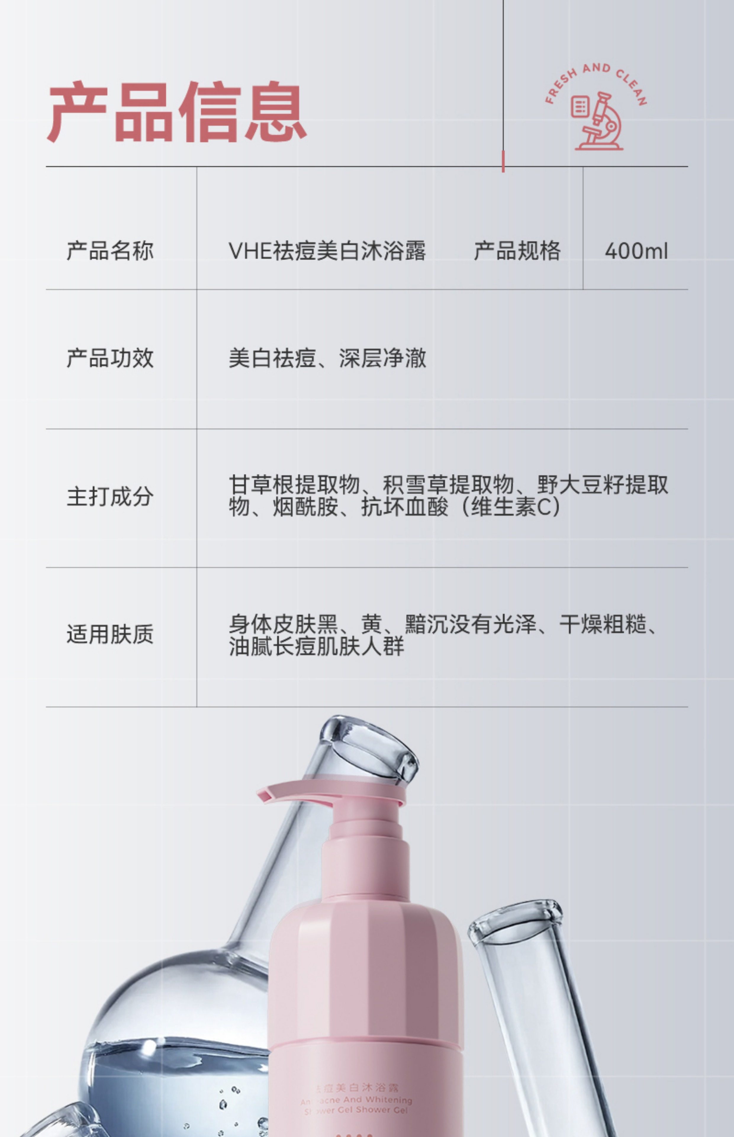 【中國直郵】 VHE 祛痘美白沐浴露 全身煥發保濕水潤持久留香乳液洗護男女 400g/瓶