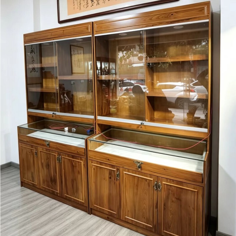 Retro Solid Wood Jewelry Display Cabinet, Jade Display Cabinet, Antique Transparent Display Cabinet, Jewelry Glass Island Cabinet