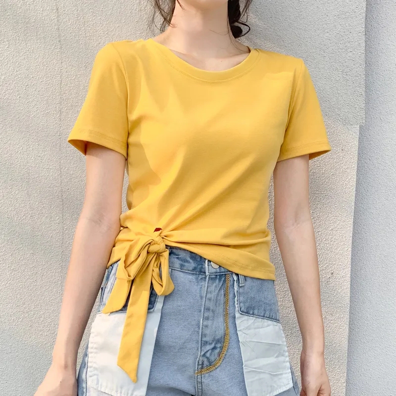 Lace-Up Bow Short-Sleeve T-Shirt for Women, 2025 Summer New Style, Irregular Slim Fit, Versatile, Unique and Fashionable Top