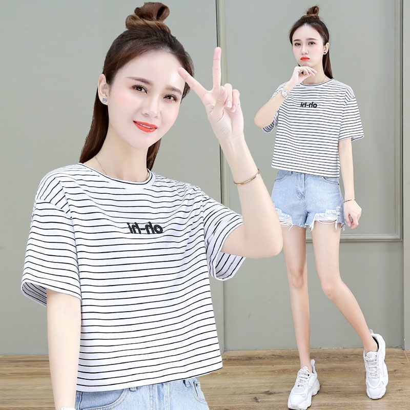 Striped Short-Sleeve High-Waisted Cropped T-Shirt for Women, Summer New Style, Petite Loose Fit, Slimming Pure Cotton Base Shirt, Trendy Ins Style Striped Short-Sleeve High-Waisted Cropped T-Shirt for Women, Summer New Style, Petite Loose Fit, Slimming Pure Cotton Base Shirt, Trendy Ins Style