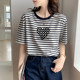 White striped t-shirt women's short-sleeved summer 2023 new green cotton top loose ladies round neck T-shirt