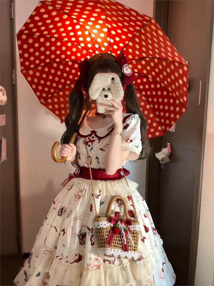 Китайцы одежда наборы 夏日甜美少女感红色lolita公主裙女娃娃领印花泡泡袖收腰中长裙子