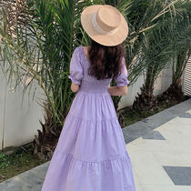 Art Pure Color Temperament Clot Dress 2021 Summer New square collar Blister Goddess Van Receives a slim mid-length dress