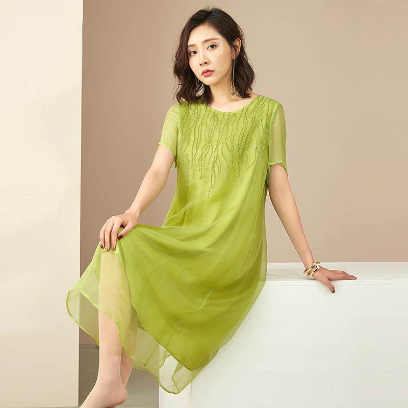 2021 Summer Embroidery Simulation Silk Ocean Dress Female Round Collar Large Scale Code Pure Color Imitation Mulberry Silk Loose Waist High-end Dress
