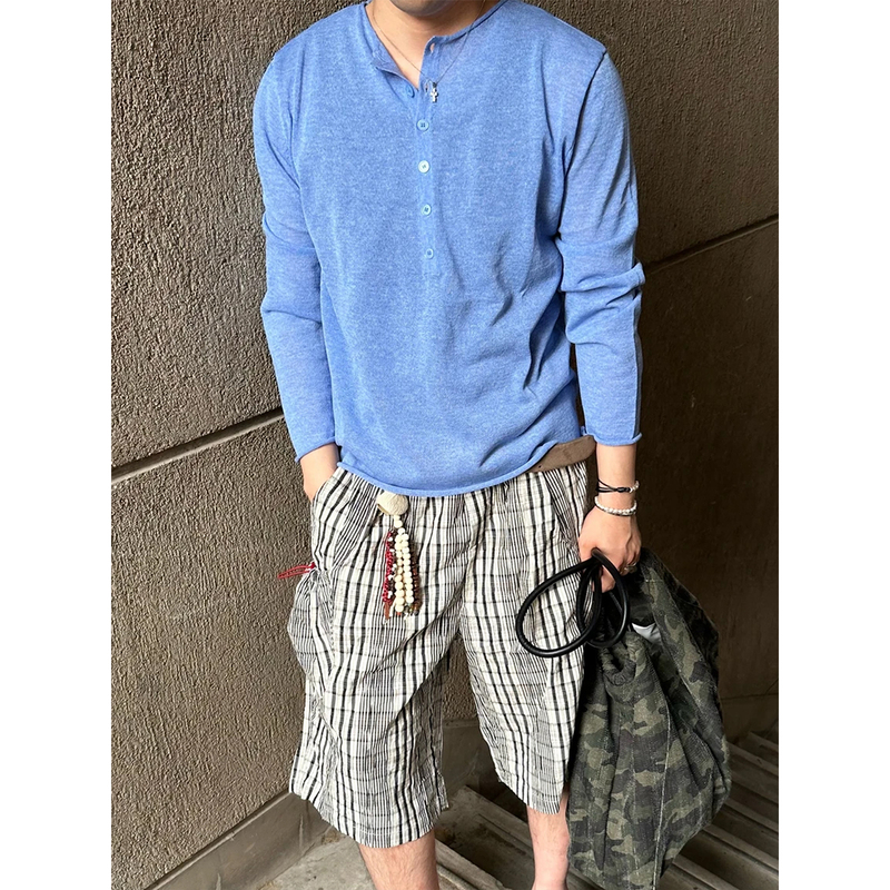 Blue Henry Collar Sun Protection Long-Sleeved T-Shirt for Men in Summer, Lightweight, Breathable, High-End Resort Style Rolled Edge Button-Down Blouse