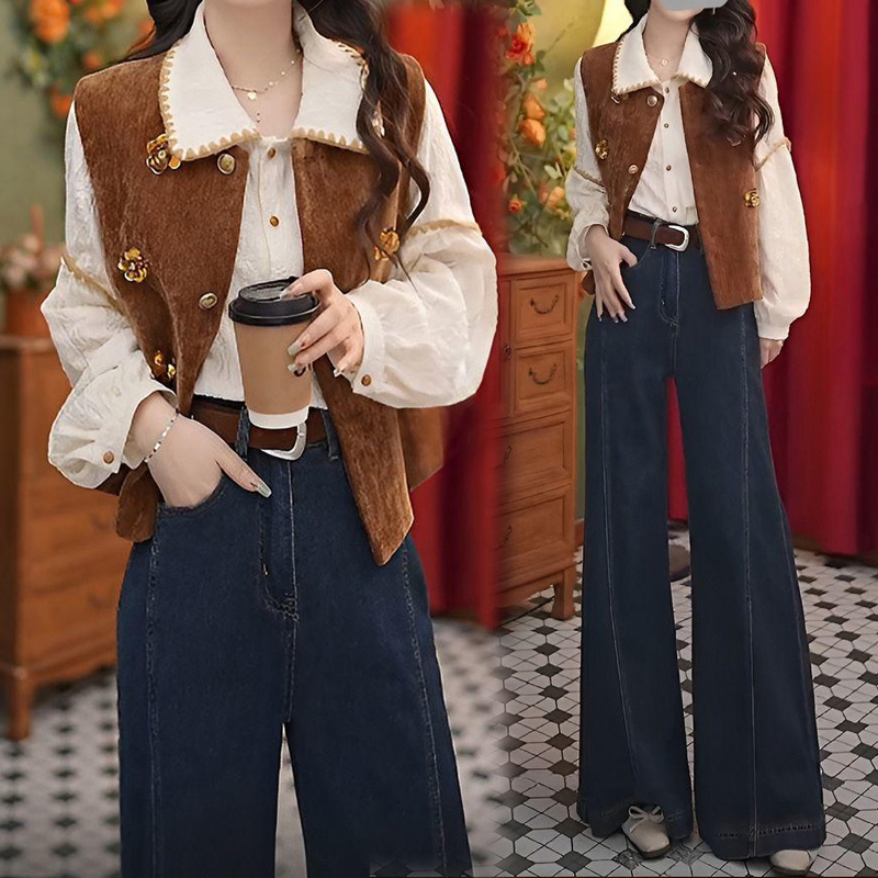 2026 Spring and Autumn New Hong Kong Style Retro Shirt Denim Vest Casual Straight-Leg Jeans High-End Three-Piece Set 2026 Spring and Autumn New Hong Kong Style Retro Shirt Denim Vest Casual Straight-Leg Jeans High-End Three-Piece Set