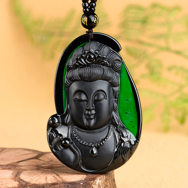 RMBone Auctions of Leaked Natural Ink emerald Guanyin head jade pendant overdraft green men's jade pendant pendant