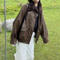 Maillard leather jacket for women 2024 early spring new hot style womens brown American Hong Kong style retro high-end motorcycle