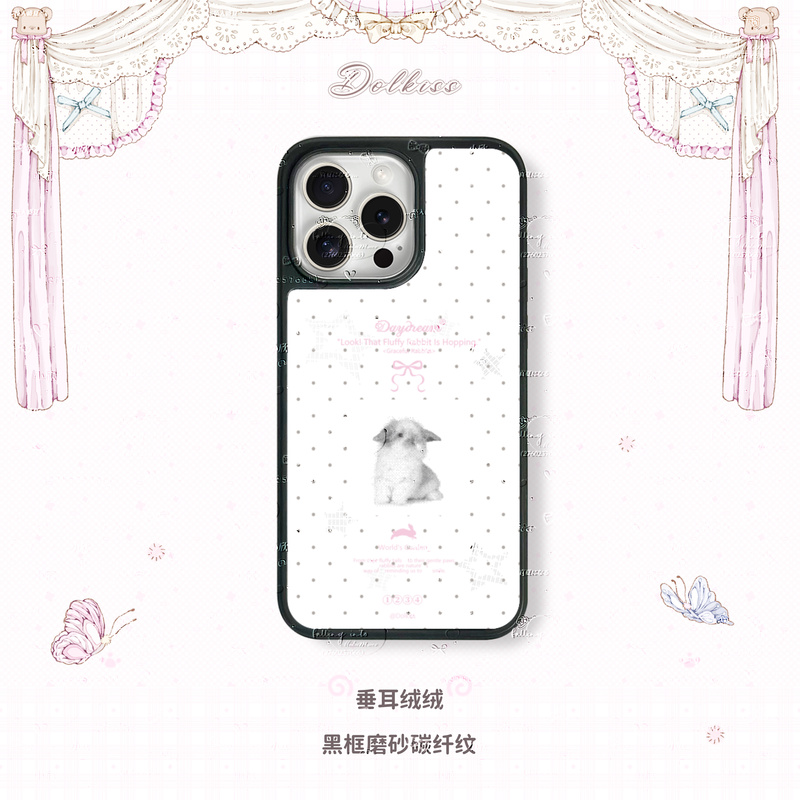 Dolkiss Original Droopy-Ear Velvet Phone Case with Large Hole, Black Frame, Matte Finish, Apple Protective Case 16Promax, Simple Design Dolkiss Original Droopy-Ear Velvet Phone Case with Large Hole, Black Frame, Matte Finish, Apple Protective Case 16Promax, Simple Design