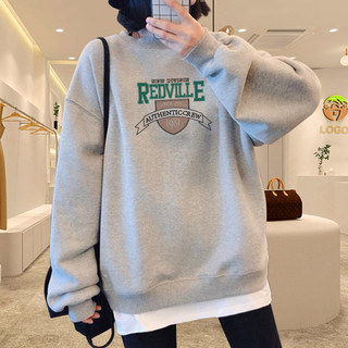 Gray Pullover Crew Neck Sweatshirt for Women, Autumn and Winter, Fleece-Lined, Thickened, Hip-Hop Style, Loose, Mid-Length, Faux Two-Piece Long-Sleeve Top