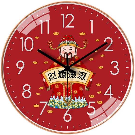 新中式挂钟表钟挂墙客厅卧室家用财神爷超静音免打孔中式时钟挂钟