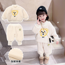 Girls winter clothing suit 2021 new small and medium children baby foreign air thickened with cashmere sweatshirt two-piece set