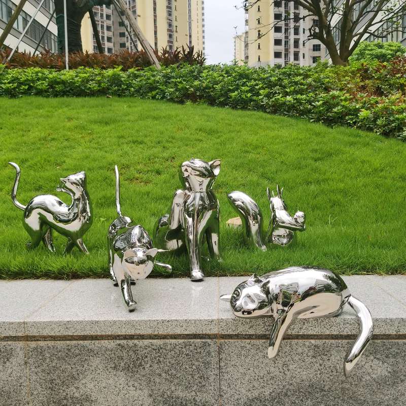 Stainless Steel Cat, Rabbit, Squirrel Animal Figurines, Mirror Block, Irregular Shape, Outdoor Garden, Park, Hotel Sculpture