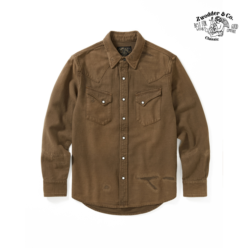 Zwodder "Lone Ranger" Embroidered Bull Head Shirt with Leather Patchwork, Vintage American Casual Washed Men's Clothing Zwodder "Lone Ranger" Embroidered Bull Head Shirt with Leather Patchwork, Vintage American Casual Washed Men's Clothing
