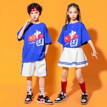 Childrens Chinese character street dance choking boy hiphop hip-hop to perform suit Summer Games blue group clothes