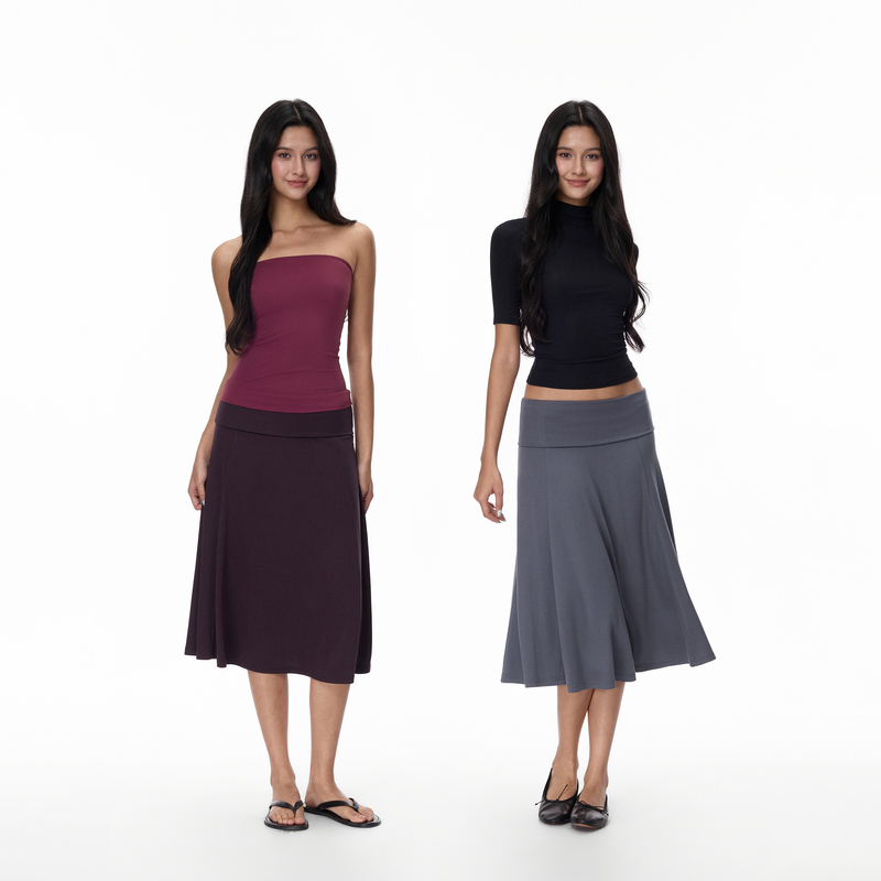 Jim Kennet Lyocell Cuffed A-Line Draped Mid-Length Skirt