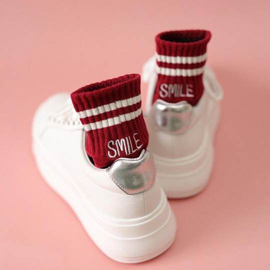 Burgundy Socks for Women, Mid-Calf, Autumn and Winter, Two-Stripe Japanese Style, ins Korean Version, Preppy Style, Calf-High Slouch Socks, Long Socks