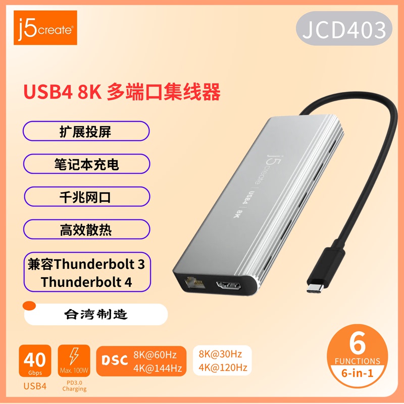 [in Stock] Hub J5Create Jcd403 6-in-1 Usb4 HDMI 8K Gigabit Ethernet Thunderbolt 4