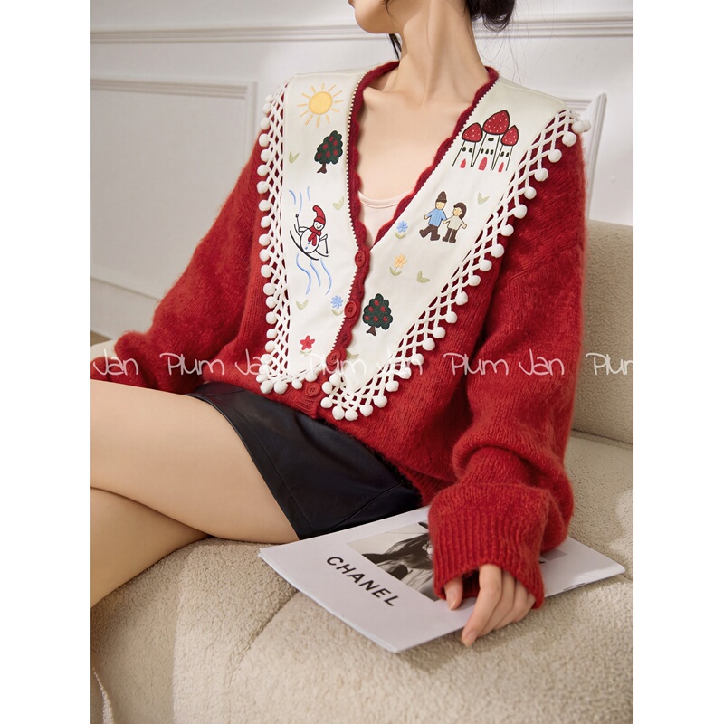 Plum Jan/French Retro Large Lapel Cartoon Embroidered Cardigan Red Soft and Loose Age-Reducing Sweater Jacket
