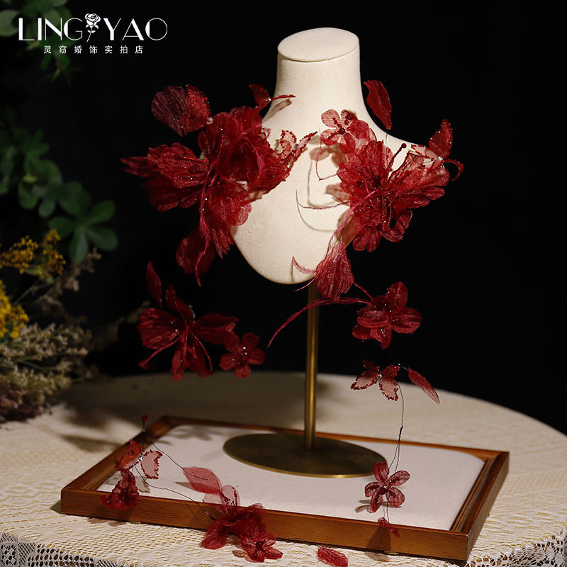 Retro New Style Fairy-Like Handmade Burgundy Silk Flower Feather Hairpin Elegant Bridal Headpiece Toast Dress Hair Accessory