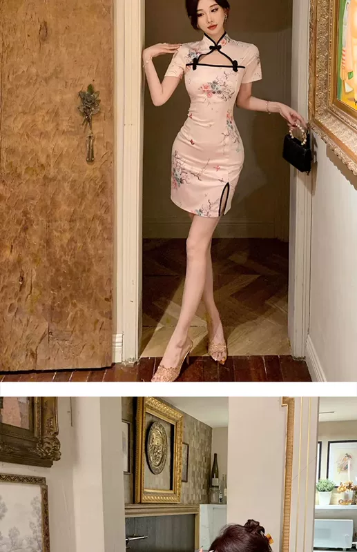 Phong cách dân tộc cổ điển phong cách Trung Quốc mới cải tiến sườn xám trẻ trung hot girl gợi cảm rỗng hông thon gọn váy mùa hè sườn xám body sườn xám cổ