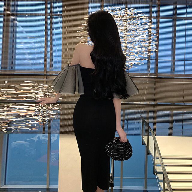 French Hepburn style high-end evening dress little black dress royal sister lady style sexy bag hip one-shoulder tube top dress