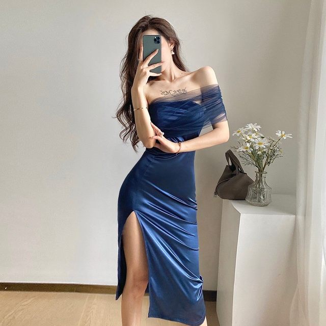 Celebrity temperament high-end satin mesh one-shoulder dress royal sister sexy slit slim bag hip evening dress summer