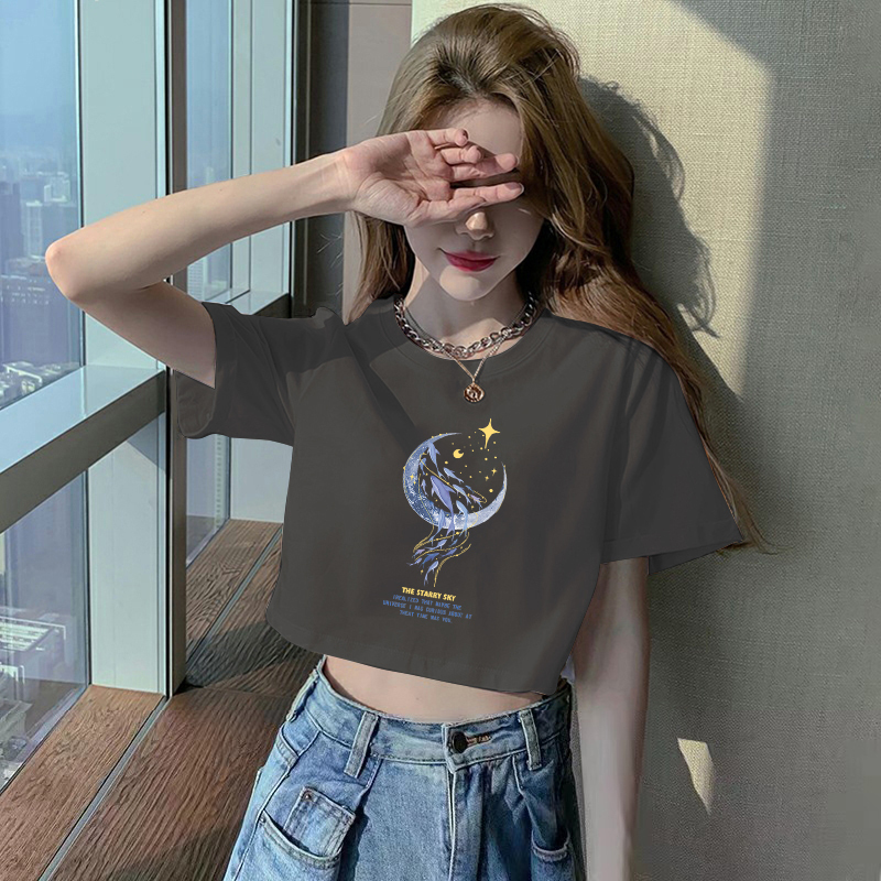 Short-Sleeved Crop Top for Women, Summer American Retro Style, Petite Hot Girl, Sweet and Cute, Round Neck, Pure Cotton, Short T-Shirt