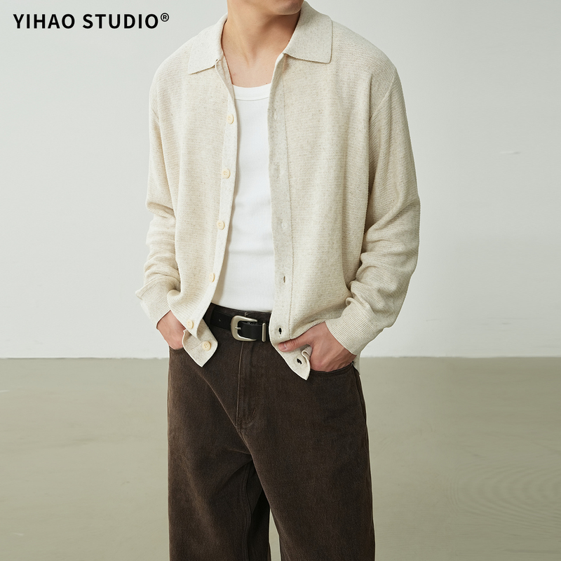 Yihao Studio's New High-End Knitwear Men's Jacket Old Money Style Loose Lyocell Linen Cardigan Sweater