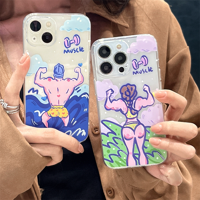 Cartoon Fitness Couple Suitable for Apple 14 Phone Case New Model iPhone 13 Pro Max Anti-Drop 12Mini Transparent Soft 11 Protective Case 16Max/15 Full Coverage 8Plus/6S/Se3
