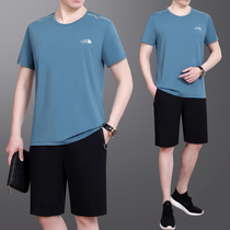 Middle-aged and elderly father summer short-sleeved T-shirt fitness shorts sportswear male middle-aged father Ice Silk two-piece set