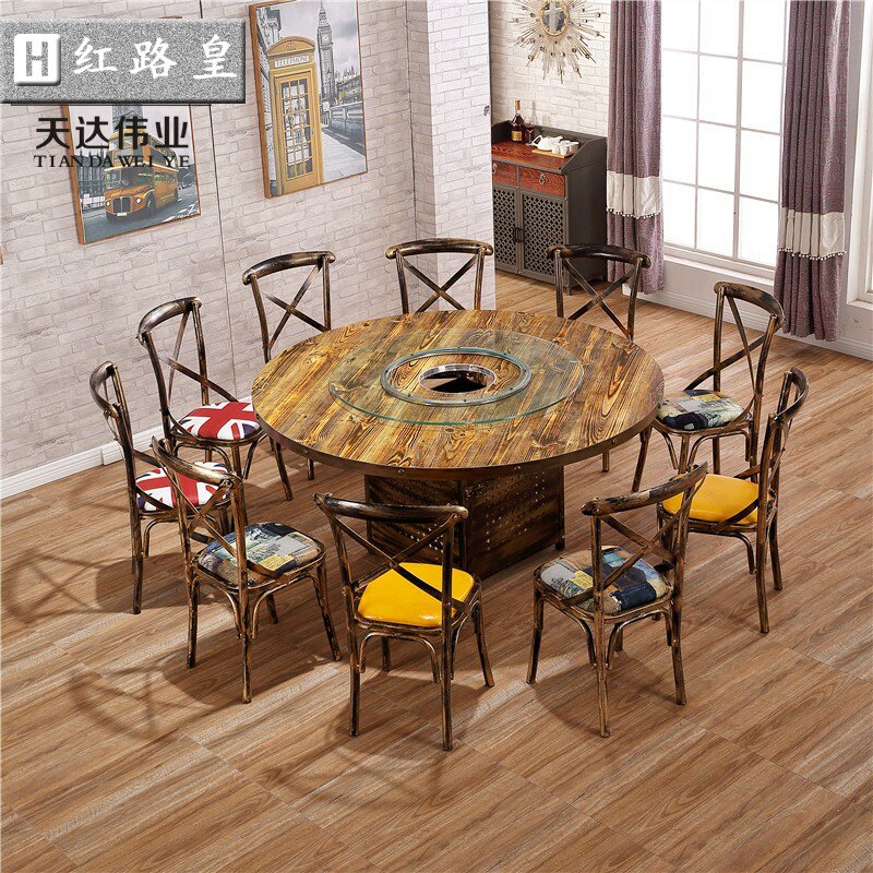 Hot pot table round table retro barbecue string shop table induction cooker industrial theme dining room iron dining table and chair combination
