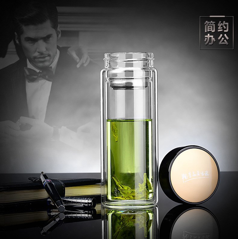 Manufacturer Custom Double Glass Tea Cup Event Promotion Advertising Small Gift Business Office Water Cup Indigo