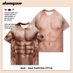 Fun and Creative Fake Chest and Abdominal Muscle Short-Sleeve T-Shirt for Men, Personalized Clothing, Muscle Outfit, 3D Stereo Pain Shirt, Casual and Versatile
