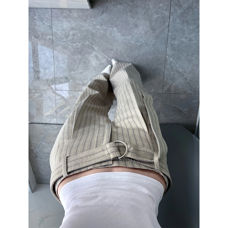 Now3【High-Quality Imitation Wool Alternative】Jacquard Single-Pleat Ribbon Elastic Waist Straight-Leg Striped Dress Pants Trendy