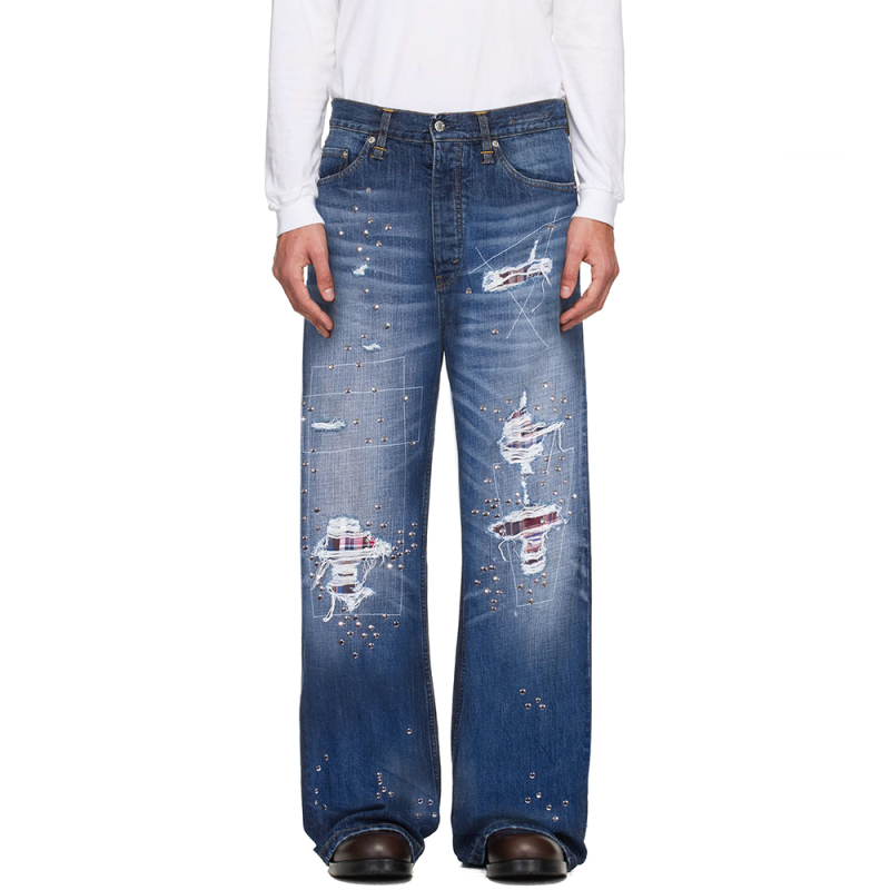 Now3 Patchwork Distressed Rivet Jeans Unisex Slimming Street Style Straight Loose Pants Now3 Patchwork Distressed Rivet Jeans Unisex Slimming Street Style Straight Loose Pants