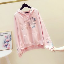 Hong Kong letter flowers embroider pink hooded sweater woman 2022 new spring lazy wind foreign hoodie tide