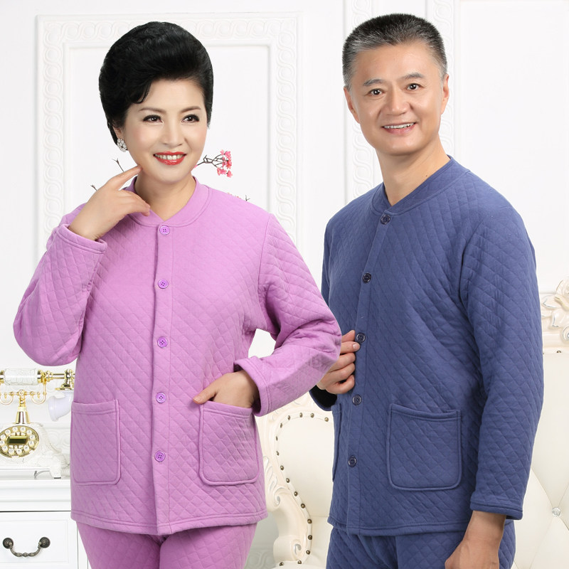 Three-gun middle aged three-layer thickened thermal underwear tie-shirt male and female plus hypertrophy size to the flap long sleeve clip cotton thin