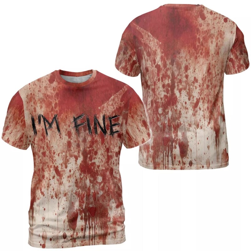 Halloween Horror Bloody T-Shirt I'M Fine 3D Printed Men's Women's Short Sleeve T-Shirt Unisex