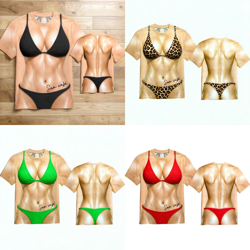 3D Stereo Bikini Print Short-Sleeved T-Shirt for Men and Women, Summer Funny and Trendy Loose Round-Neck Top