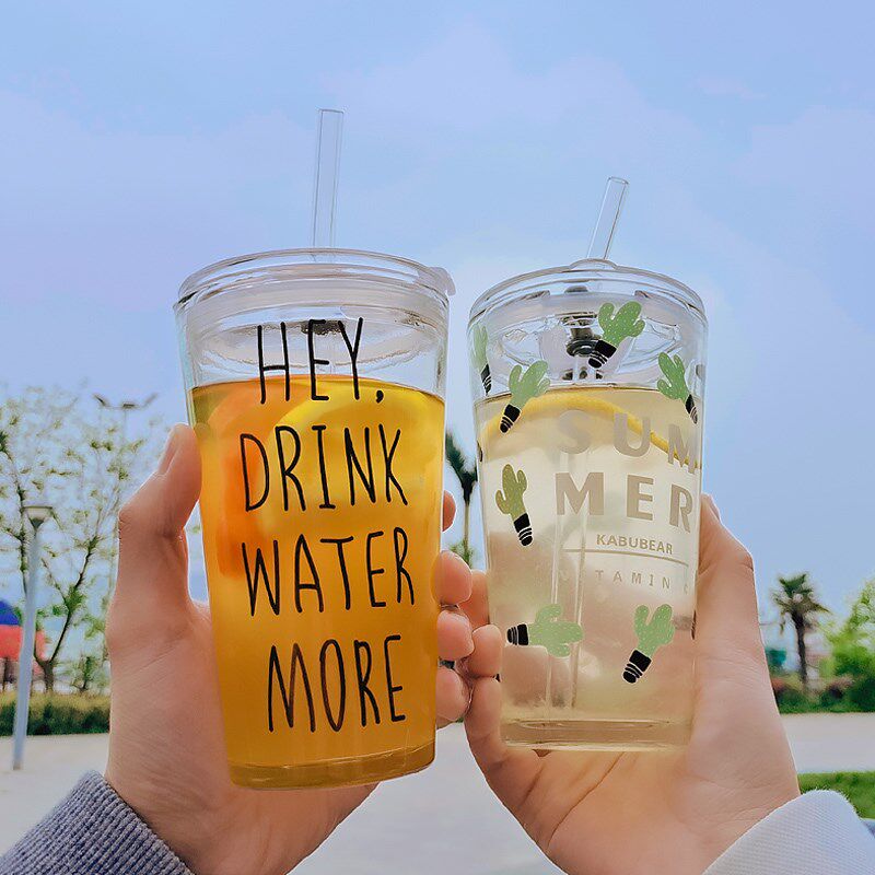 Straw Glass Water Cup Scale Juice Cup Milk Tea Home With Lid Drink Water Transparent Cute Female Summer Milk Mug