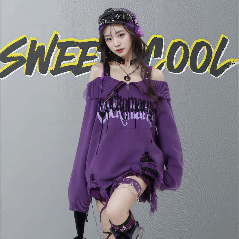 Subculture Purple Off-Shoulder Sweater for Women, Autumn and Winter, Turn-Down Collar, Zipper, Loose Fit, Slimming, Hot Girl Knit Top Subculture Purple Off-Shoulder Sweater for Women, Autumn and Winter, Turn-Down Collar, Zipper, Loose Fit, Slimming, Hot Girl Knit Top