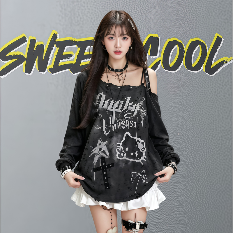 Subculture Sweet-Cool Cat Style One-Shoulder Long-Sleeve T-Shirt for Women, Summer Wasteland Style Loose Slimming Y2K Spicy Girl Cover-Up Top