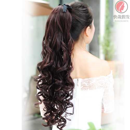 Wig pony tail realistic large wave long hair curly hair band type haircut pick up fake braid wine red color real person hair